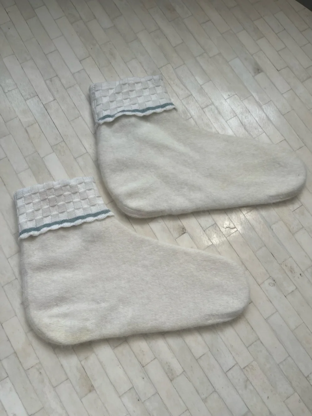 White Angora Wool Blend House or Boot Socks with Blue Trim size Large